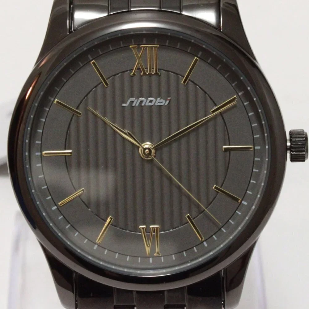 Ladies Classic Quartz Watch Black Textured Dial Gold Tone Indices Roman Numerals